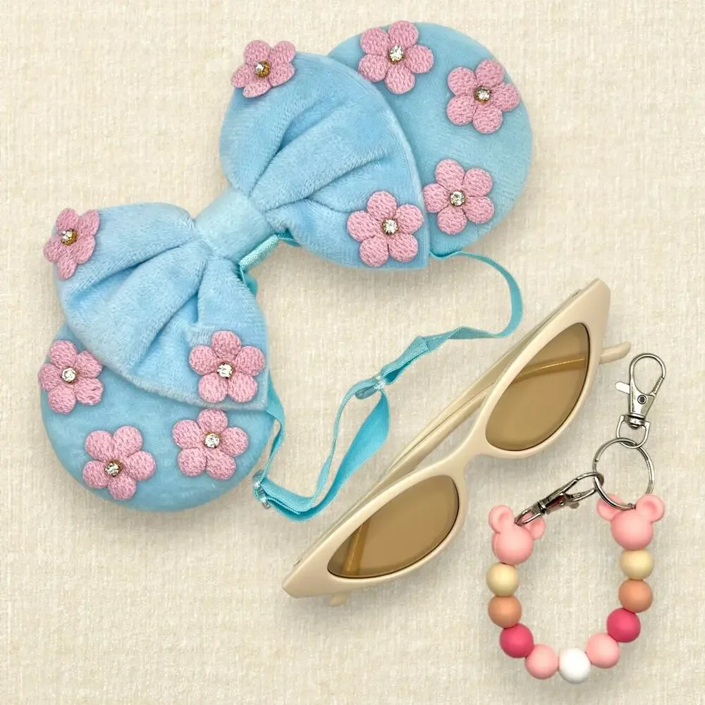 Elastic Pastel Blue Velvet Pink Floral Minnie Ears | Disney-Inspired Mouse Ears